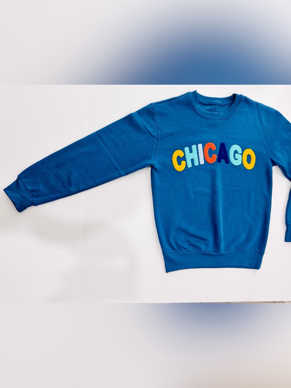 Blue Chicago Crewneck Sweatshirt size S Colorful Textured Chenille Lettering - Picture 4 of 11